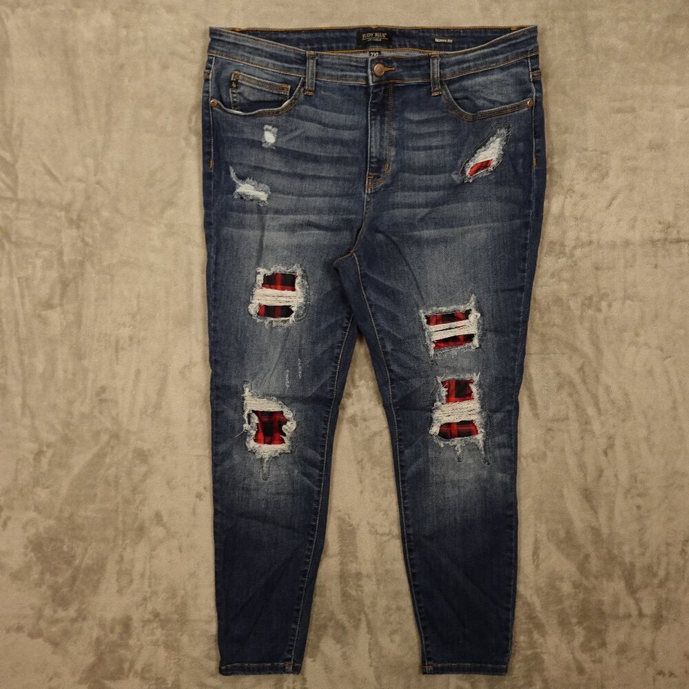 Judy Blue Jeans skinny fit women's 2XL blue distressed red black plaid
